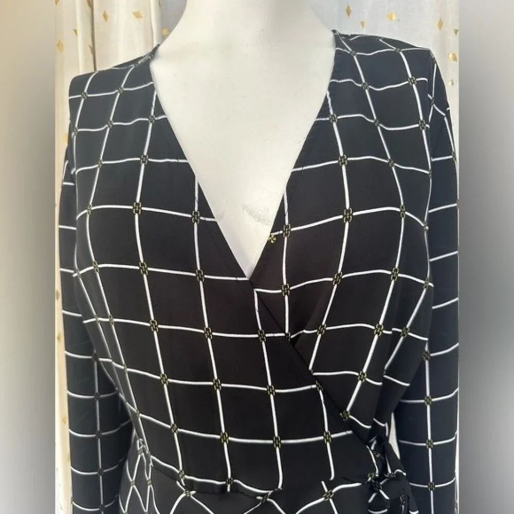 Michael Kors Women's Windowpane Peplum Faux Wrap Long Sleeve Blouse Top XS